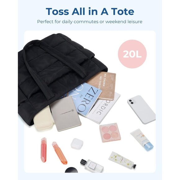 Women Black Lightweight Puffy Tote Bag for Travel Beach Gym With Multi-pocket - Picture 4 of 7